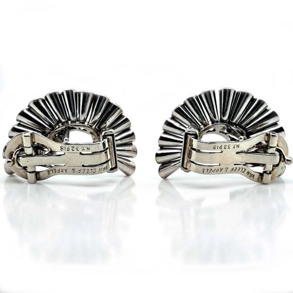 Vintage Van Cleef Arpels Diamond Spray Earrings, solid 18ct white gold spray design accented with 2cts diamonds set to the ends and inside curve. Signed and numbered NY 32918