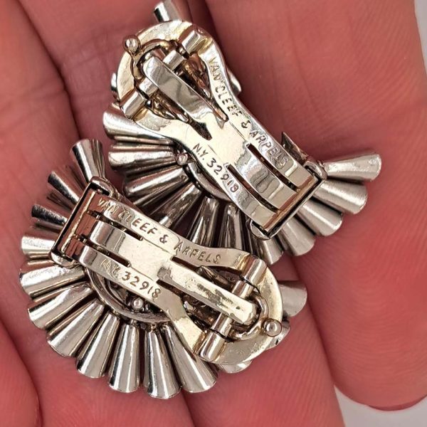 Vintage Van Cleef Arpels Diamond Spray Earrings, solid 18ct white gold spray design accented with 2cts diamonds set to the ends and inside curve. Signed and numbered NY 32918