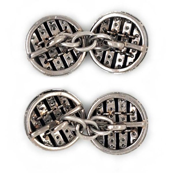 Antique Black Onyx and Diamond Stripe Circular Disc Cufflinks in 18ct White Gold