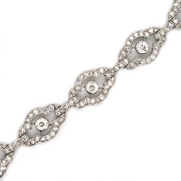 Antique French 2ct Diamond Cluster Link Bracelet, floral quatrefoil links set with an estimated 2 carats of old-cut diamonds in platinum and 18ct white gold