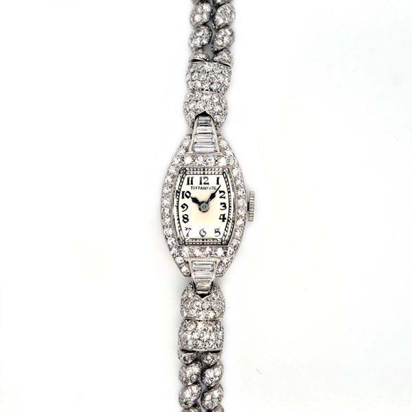Art Deco Tiffany and Co Diamond Cocktail Watch, vintage Tiffany & Co ladies platinum watch set throughout with sparkling eight-cut and single-cut diamonds with rope twist design bracelet strap