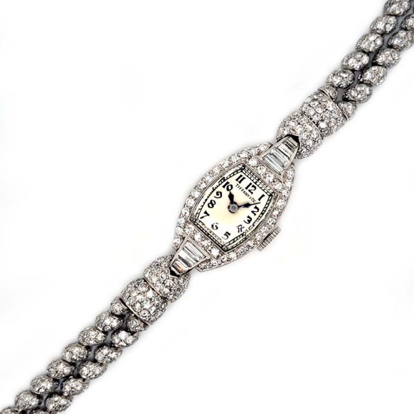 Art Deco Tiffany and Co Diamond Cocktail Watch, vintage Tiffany & Co ladies platinum watch set throughout with sparkling eight-cut and single-cut diamonds with rope twist design bracelet strap