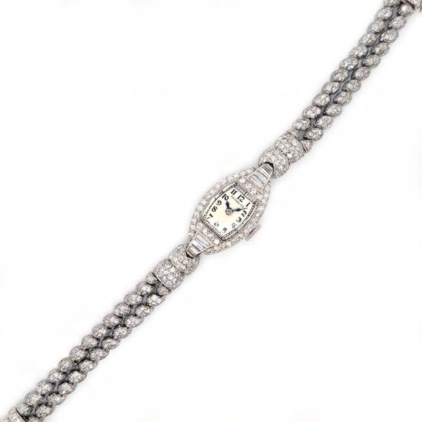 Art Deco Tiffany and Co Diamond Cocktail Watch, vintage Tiffany & Co ladies platinum watch set throughout with sparkling eight-cut and single-cut diamonds with rope twist design bracelet strap
