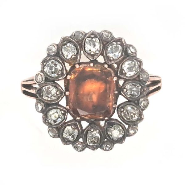 Georgian Victorian Antique Orange Topaz and Diamond Flower Cluster Ring