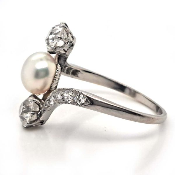 Antique Natural Pearl and Old Cut Diamond Trilogy Three Stone Crossover Ring in 18ct White Gold