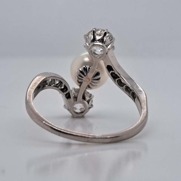 Antique Natural Pearl and Old Cut Diamond Trilogy Three Stone Crossover Ring in 18ct White Gold