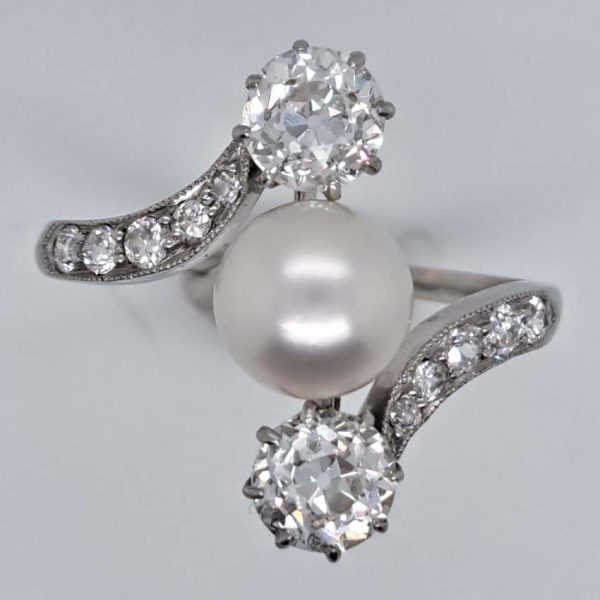 Antique Natural Pearl and Old Mine Cut Diamond Trilogy Three Stone Crossover Ring in 18ct White Gold
