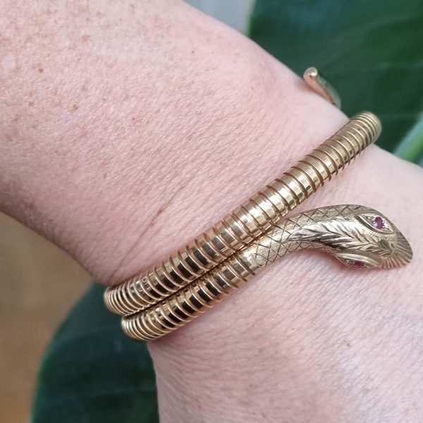 Vintage 9ct Yellow Gold Coiled Snake Bracelet, The coiled serpent's body wraps around the wearer's wrist. Circa 1970's