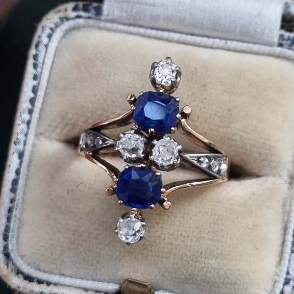 Victorian Antique 1.5ct Two Stone Sapphire and Old Cut Diamond Dress Ring in 18ct Yellow Gold