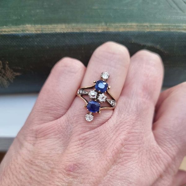Victorian Antique 1.5ct Two Stone Sapphire and Old Cut Diamond Dress Ring in 18ct Yellow Gold