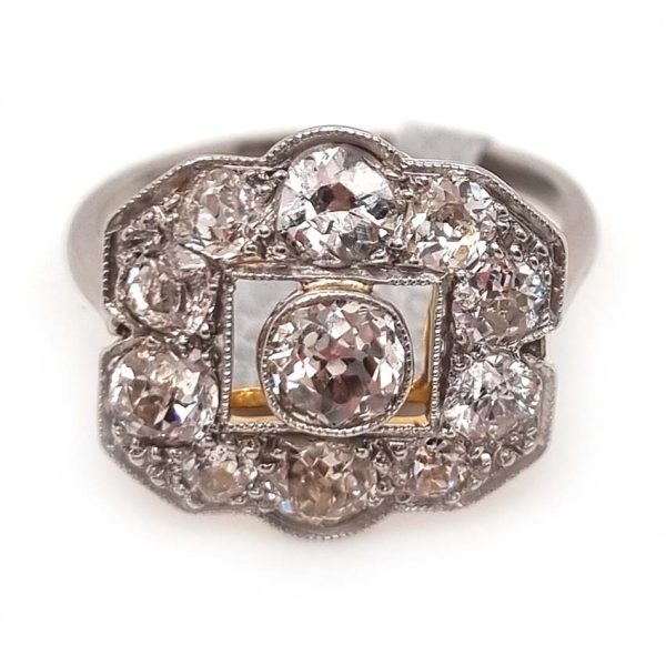 Art Deco 1.5ct Old Cut Diamond Cluster Panel Ring, set with an estimated 1.5 carats of old mine-cut diamonds in 18ct yellow gold to 18ct white gold band