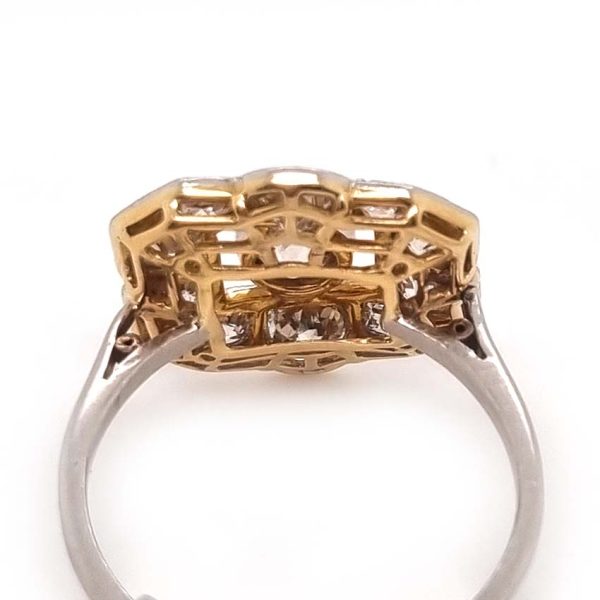 Art Deco 1.5ct Old Cut Diamond Cluster Panel Ring, set with an estimated 1.5 carats of old mine-cut diamonds in 18ct yellow gold to 18ct white gold band
