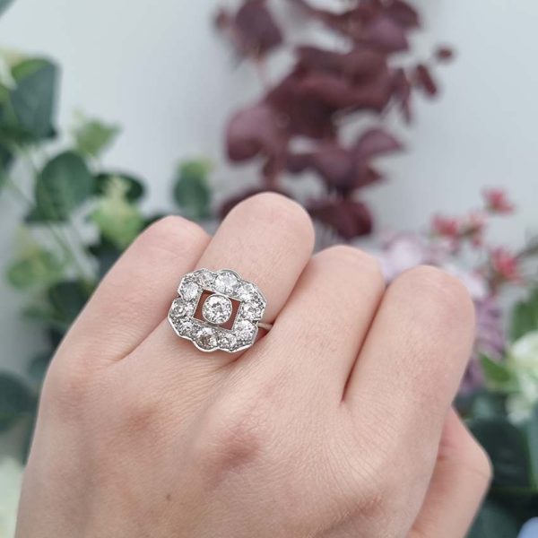 Art Deco 1.5ct Old Cut Diamond Cluster Panel Ring, set with an estimated 1.5 carats of old mine-cut diamonds in 18ct yellow gold to 18ct white gold band