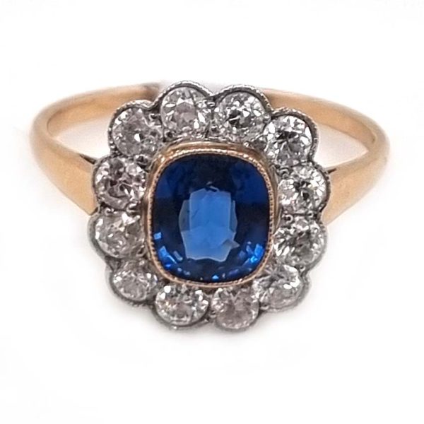 Vintage 1ct Cushion Cut Sapphire and Old Cut Diamond Cluster Engagement Ring in platinum to 18ct yellow gold