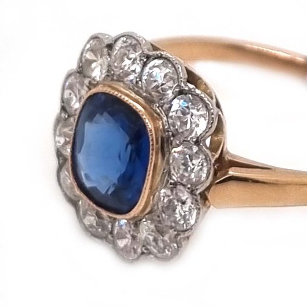 Vintage 1ct Cushion Cut Sapphire and Old Cut Diamond Cluster Engagement Ring in platinum to 18ct yellow gold