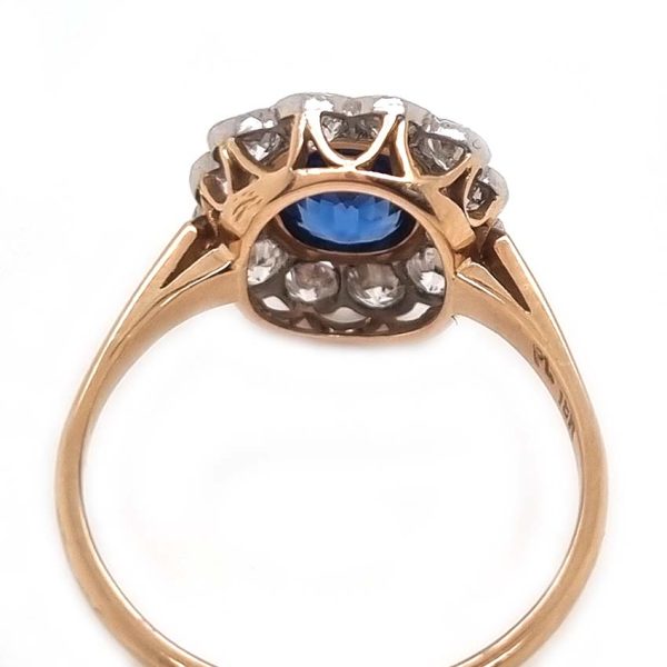 Vintage 1ct Cushion Cut Sapphire and Old Cut Diamond Floral Cluster Engagement Ring in platinum to 18ct yellow gold