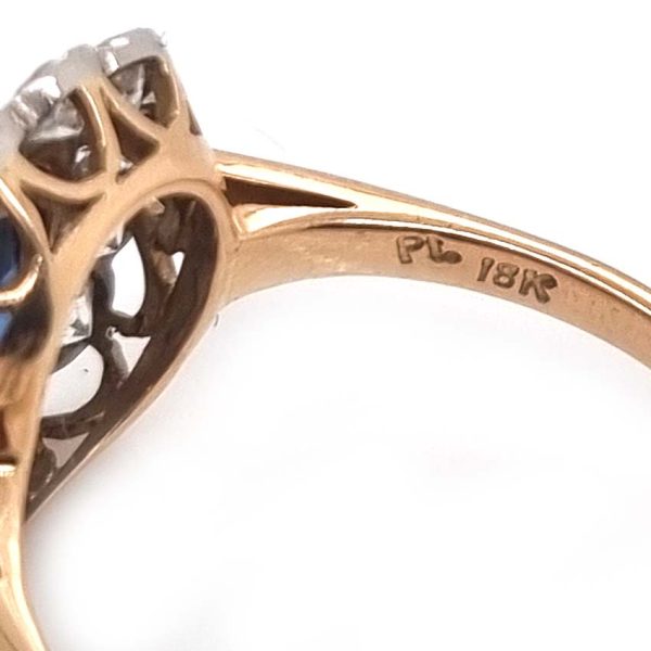 Vintage 1ct Cushion Cut Sapphire and Old Cut Diamond Floral Cluster Engagement Ring in platinum to 18ct yellow gold