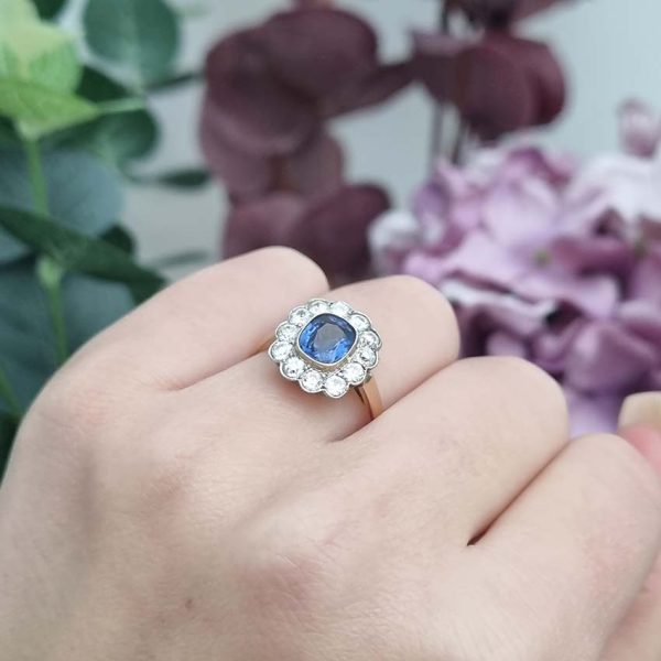 Vintage 1ct Cushion Cut Sapphire and Old Cut Diamond Flower Cluster Engagement Ring in platinum to 18ct yellow gold