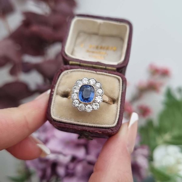 Vintage 1ct Cushion Cut Sapphire and Old Cut Diamond Flower Cluster Engagement Ring in platinum to 18ct yellow gold