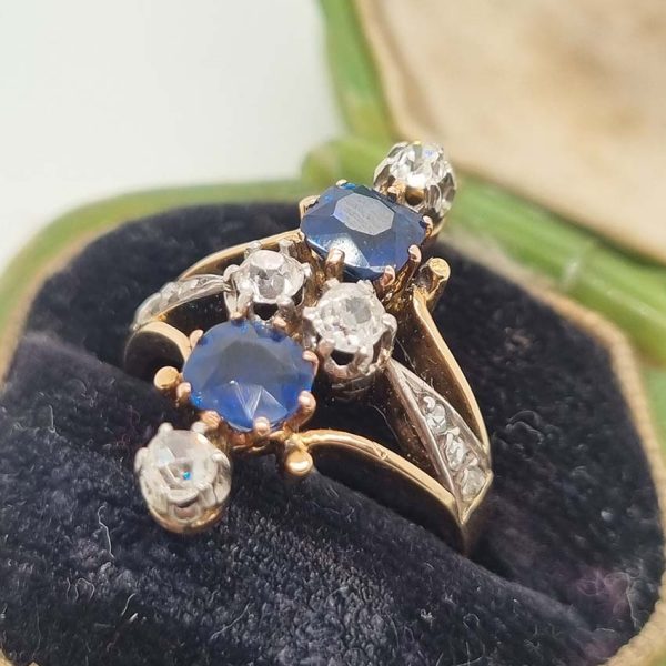 Victorian Antique 1.5ct Two Stone Sapphire and Old Cut Diamond Dress Ring in 18ct Yellow Gold