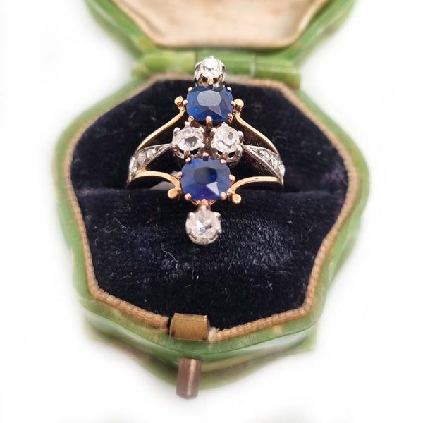 Victorian Antique 1.5ct Two Stone Sapphire and Old Cut Diamond Dress Ring in 18ct Yellow Gold