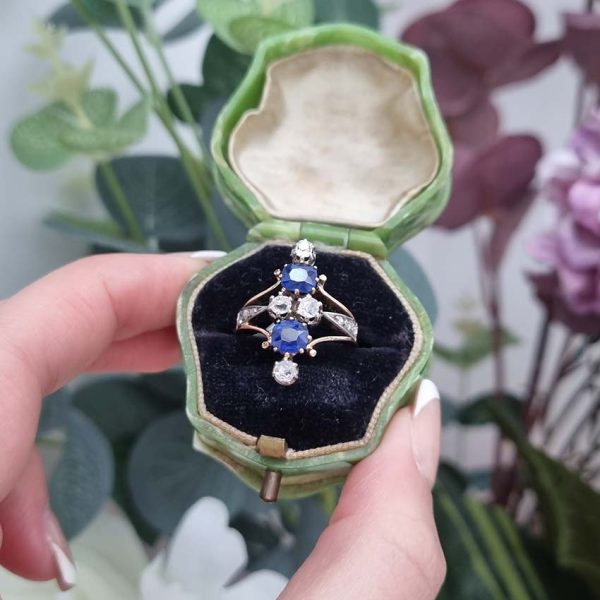 Victorian Antique 1.5ct Two Stone Sapphire and Old Cut Diamond Dress Ring in 18ct Yellow Gold