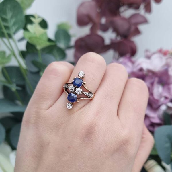 Victorian Antique 1.5ct Two Stone Sapphire and Old Cut Diamond Dress Ring in 18ct Yellow Gold