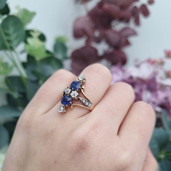Victorian Antique 1.5ct Two Stone Sapphire and Old Cut Diamond Dress Ring in 18ct Yellow Gold