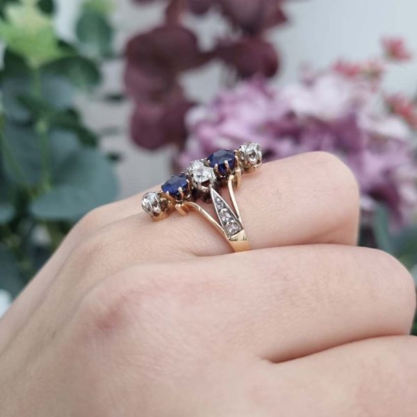 Victorian Antique 1.5ct Two Stone Sapphire and Old Cut Diamond Dress Ring in 18ct Yellow Gold