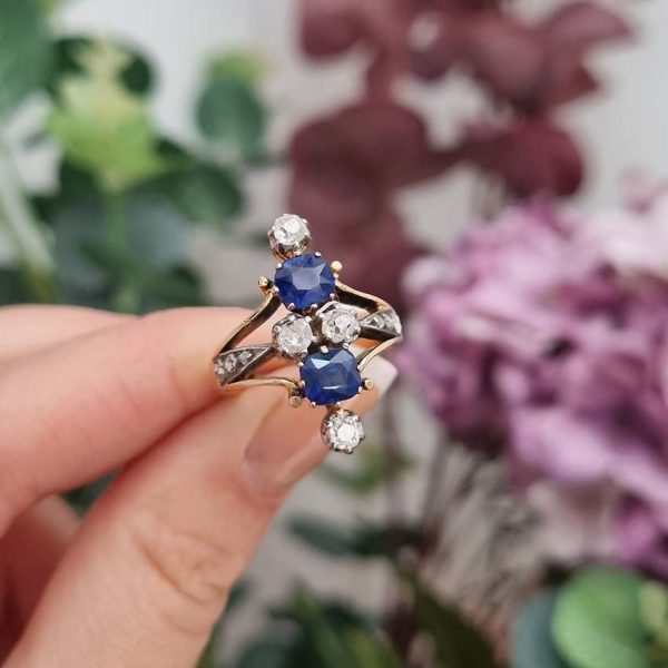 Victorian Antique 1.5ct Two Stone Sapphire and Old Cut Diamond Dress Ring in 18ct Yellow Gold