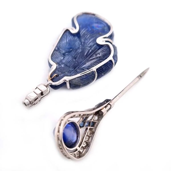 Art Deco Carved Sapphire and Diamond Feather Pin Brooch, sugarloaf cabochon sapphire and diamond cluster base leading to decorative carved sapphire feather top in 18ct white gold and platinum