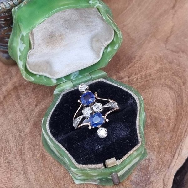 Victorian Antique 1.5ct Two Stone Sapphire and Old Cut Diamond Dress Ring in 18ct Yellow Gold