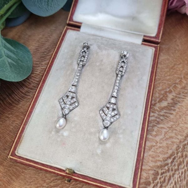 Art Deco Natural Pearl and Diamond Drop Earrings