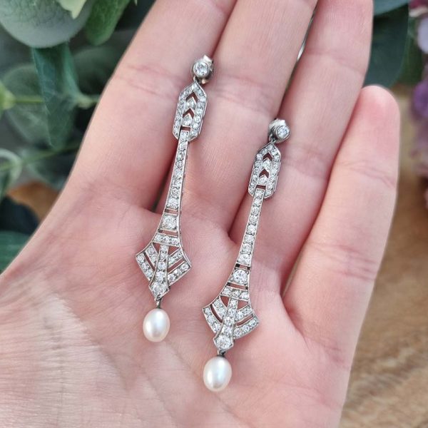 Art Deco Natural Pearl and Diamond Drop Earrings