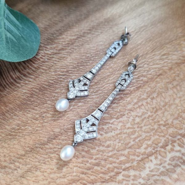 Art Deco Natural Pearl and Diamond Drop Earrings