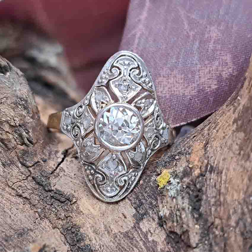 Edwardian Antique Old Cut Diamond Cluster Plaque Ring