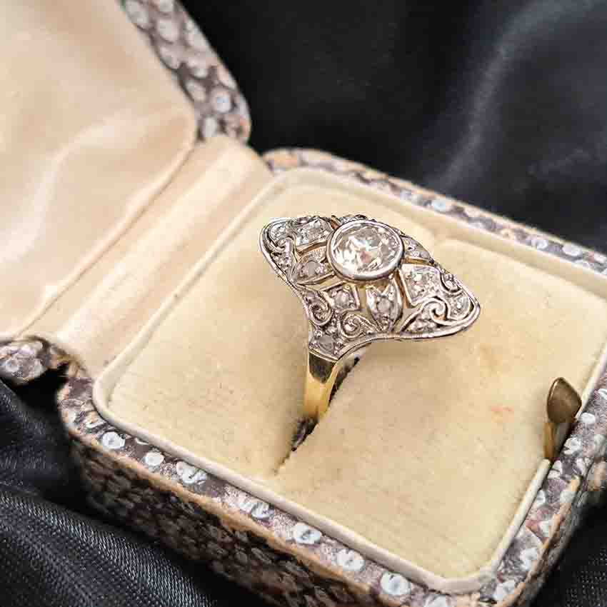 Edwardian Antique Old Cut Diamond Cluster Plaque Ring