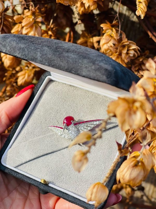 Vintage diamond and ruby hummingbird brooch in platinum.