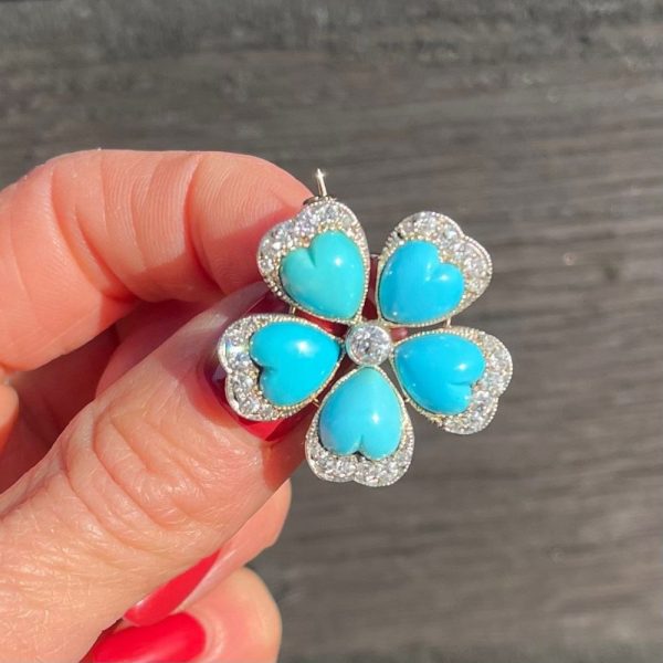 Victorian Antique Turquoise and Diamond Flower Brooch, heart shaped turquoise petals edged with old-cut diamonds arranged around central sparkling diamond in silver upon 9ct yellow gold. Circa 1890s