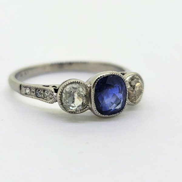 1.16ct Cushion Cut Sapphire and Old Cut Diamond Three Stone Trilogy Engagement Ring in Platinum