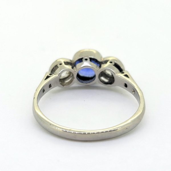 1.16ct Cushion Cut Sapphire and Old Cut Diamond Three Stone Trilogy Engagement Ring in Platinum