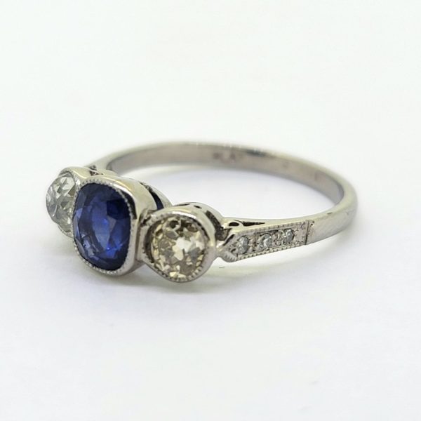 1.16ct Cushion Cut Sapphire and Old Cut Diamond Three Stone Trilogy Engagement Ring in Platinum