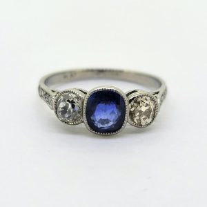 1.16ct Cushion Cut Sapphire and Old Cut Diamond Three Stone Trilogy Engagement Ring in Platinum