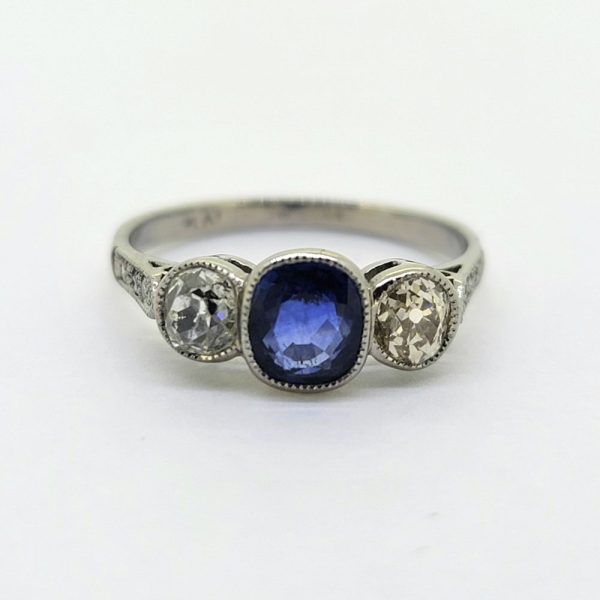 1.16ct Cushion Cut Sapphire and Old Cut Diamond Three Stone Trilogy Engagement Ring in Platinum