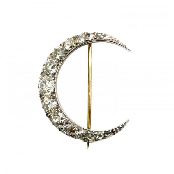 Victorian Antique 4ct Old Cut Diamond Crescent Moon Brooch, graduating old-cut diamonds tapering to rose-cut diamonds in silver-upon-gold, Circa 1890