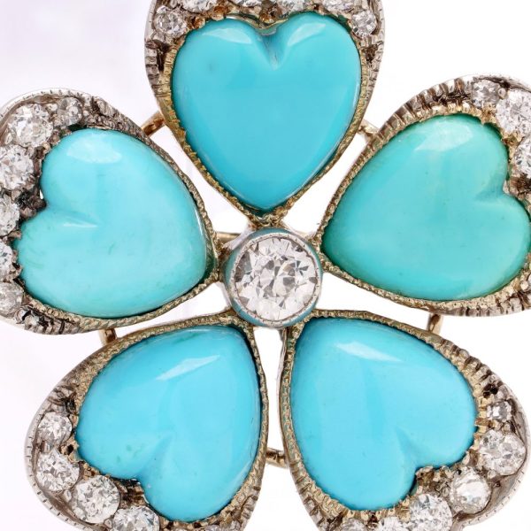 Victorian Antique Turquoise and Diamond Flower Brooch, heart shaped turquoise petals edged with old-cut diamonds arranged around central sparkling diamond in silver upon 9ct yellow gold. Circa 1890s