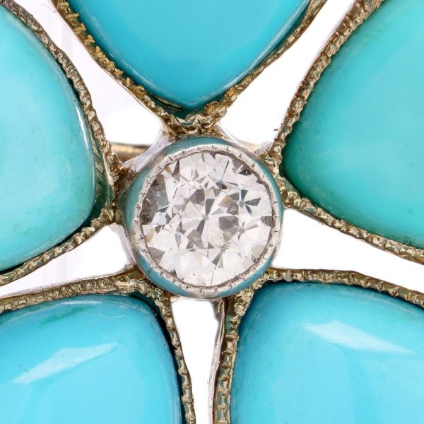 Victorian Antique Turquoise and Diamond Flower Brooch, heart shaped turquoise petals edged with old-cut diamonds arranged around central sparkling diamond in silver upon 9ct yellow gold. Circa 1890s