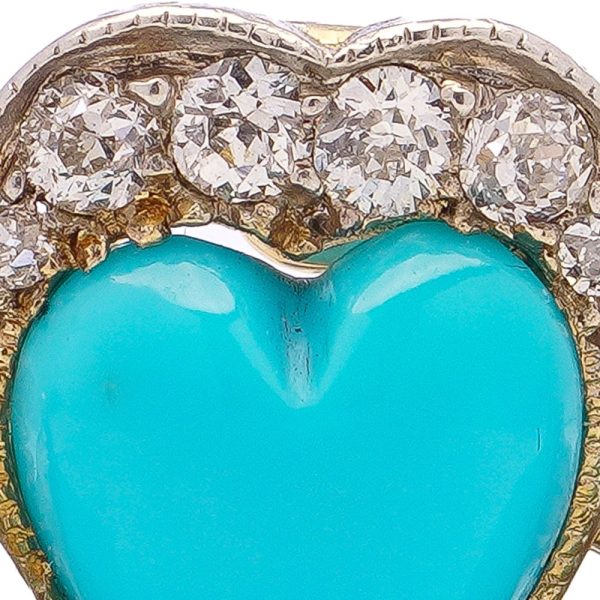 Victorian Antique Turquoise and Diamond Flower Brooch, heart shaped turquoise petals edged with old-cut diamonds arranged around central sparkling diamond in silver upon 9ct yellow gold. Circa 1890s