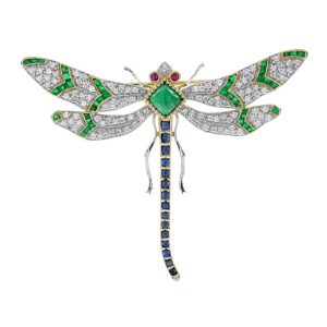 Multi Gemstone Dragonfly Brooch with Emerald Sapphire Ruby and Diamond, emerald body sapphire tail diamond wings and ruby eyes in 18ct yellow gold