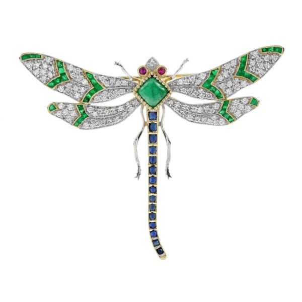 Multi Gemstone Dragonfly Brooch with Emerald Sapphire Ruby and Diamond, emerald body sapphire tail diamond wings and ruby eyes in 18ct yellow gold